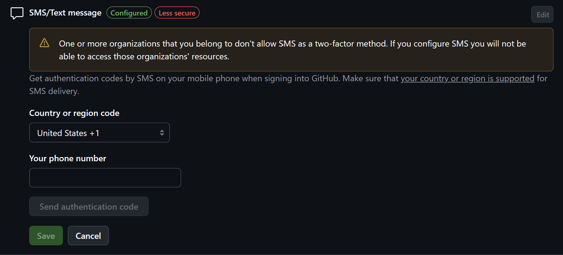 GitHub SMS 2FA edit options showing only an option to update the phone number
